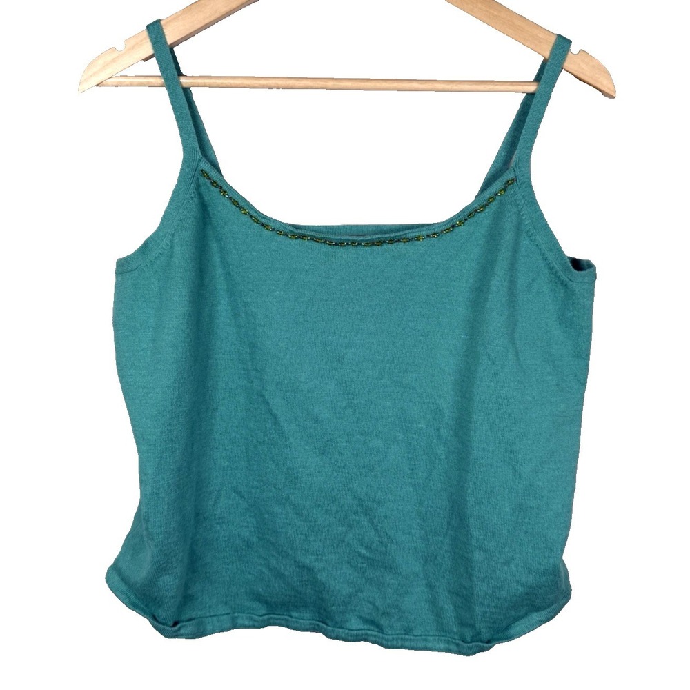 IVY Vintage Y2K Beaded Knit Cami Tank Top‎ Teal Aqua Green Fairy Grunge Boho L